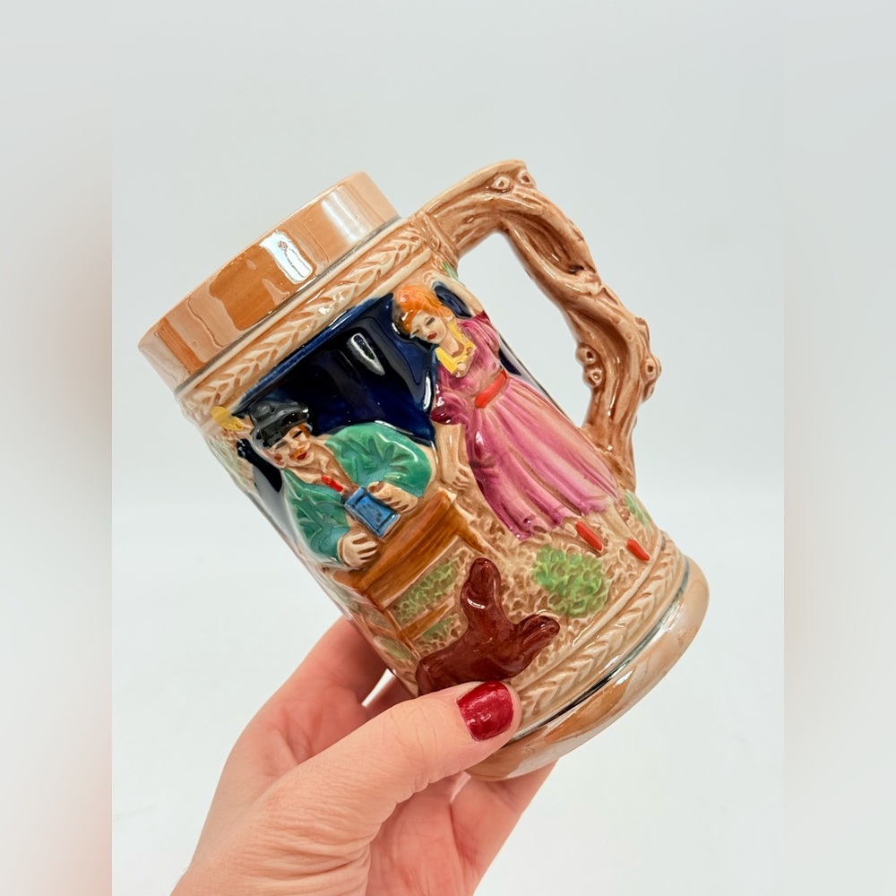 Vintage German Style Ceramic Beer Stein | Village Scenery | Tree Branch Handle